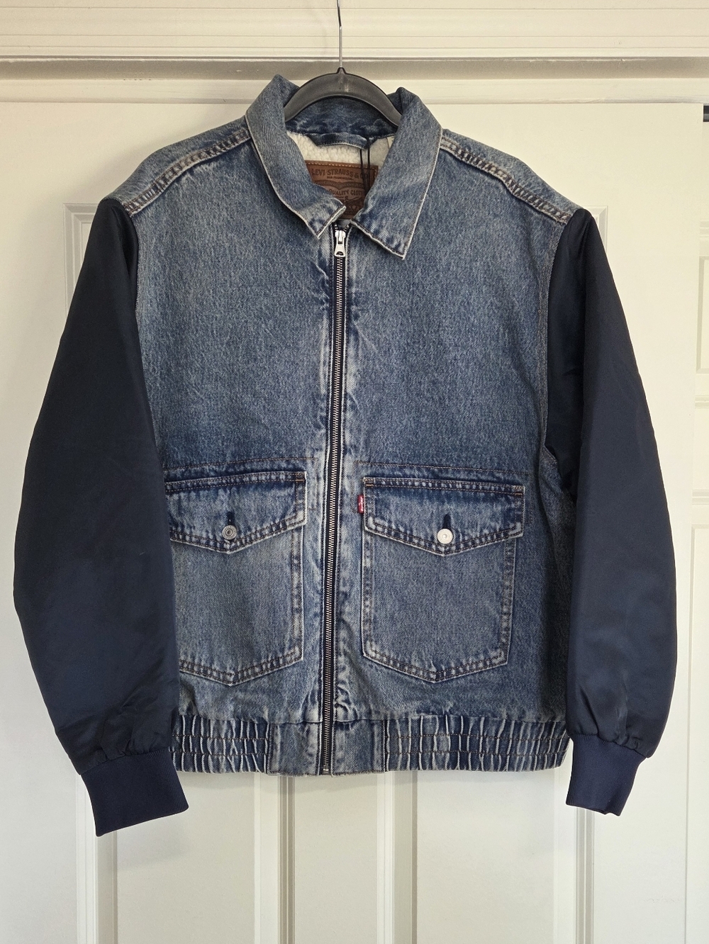 Levi's Premium Denim Sherpa Lined Bomber Jacket w/ Navy Satin Sleeves - Size L